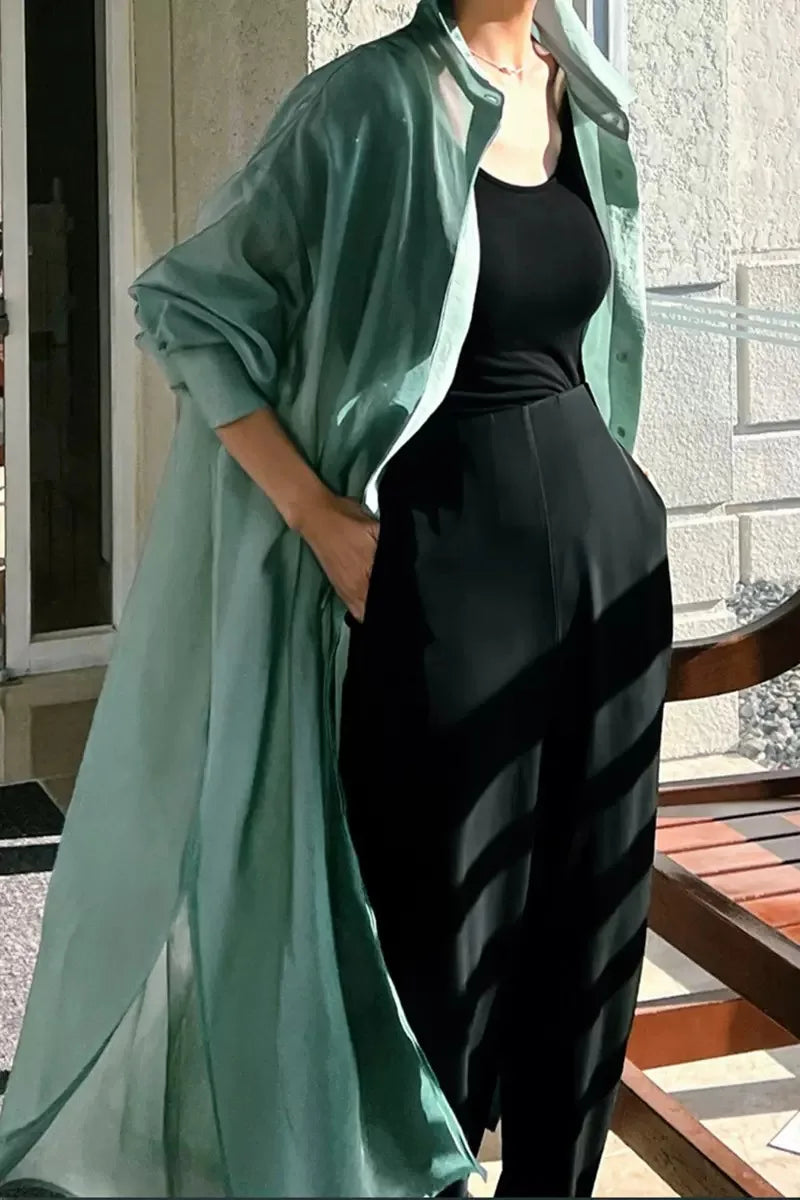 Seafoam Serenity: Lightweight Maxi Shirt-Blouse (Green)