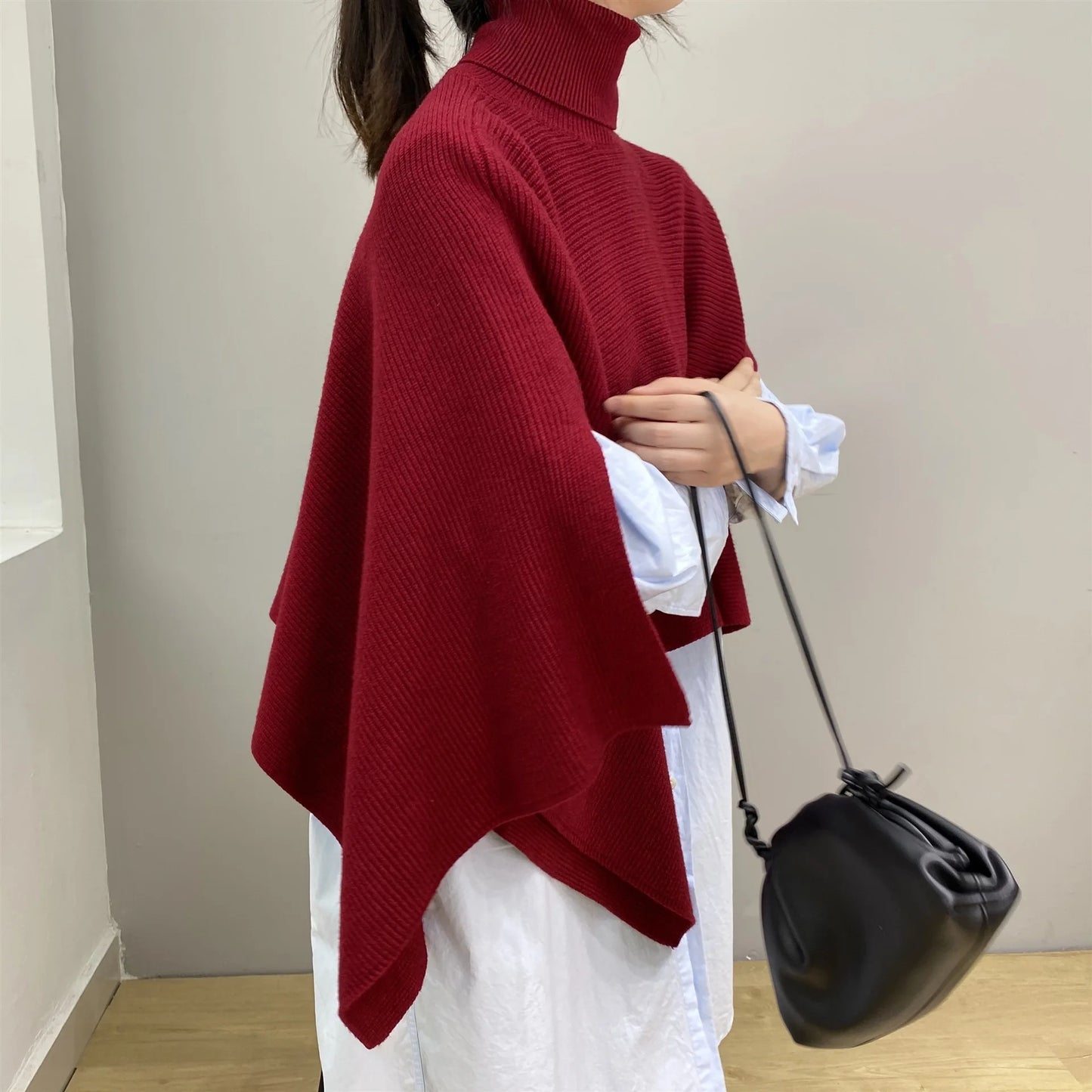 Crimson Embrace Turtleneck Shawl Pullover
