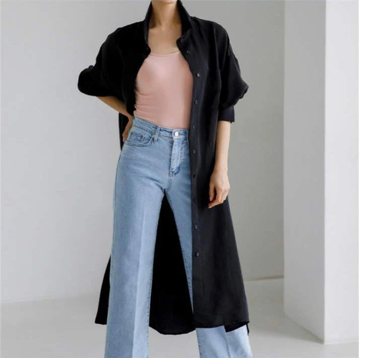 Midnight Drape: Lightweight Maxi Shirt-Blouse (Black)