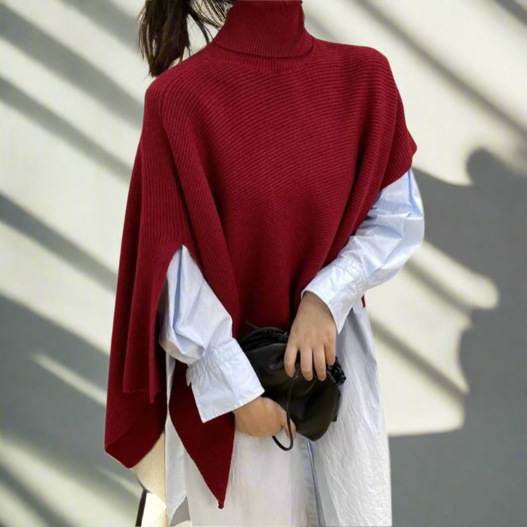 Crimson Embrace Turtleneck Shawl Pullover