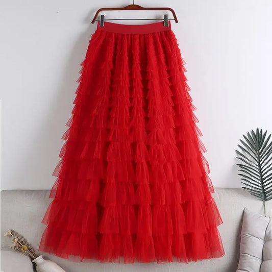 Passion Red Ruffled Maxi Skirt