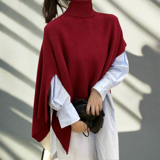 Crimson Embrace Turtleneck Shawl Pullover
